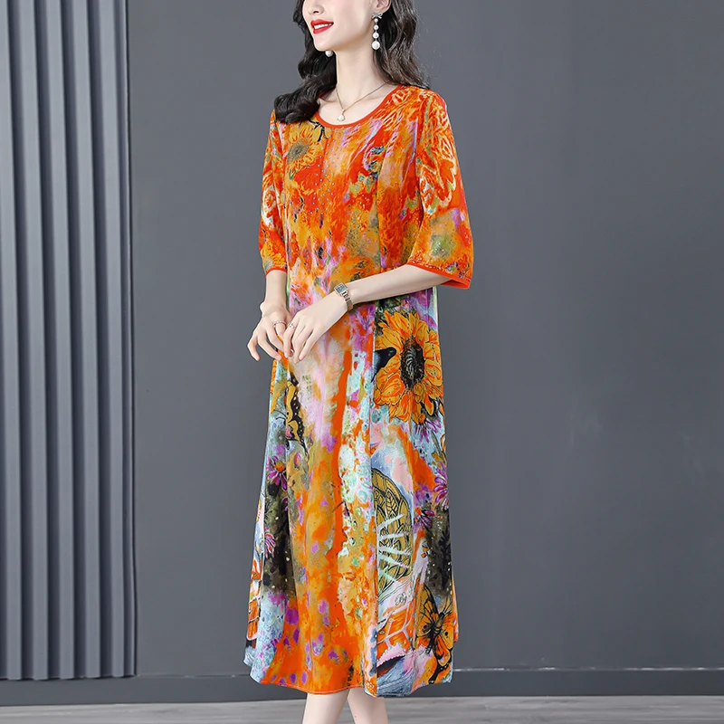 Women Floral Mulberry Silk Midi Dress Spring Summer Elegant Loose Waist Plus Size Dress 2024 Korean Vintage Casual Party Dresses