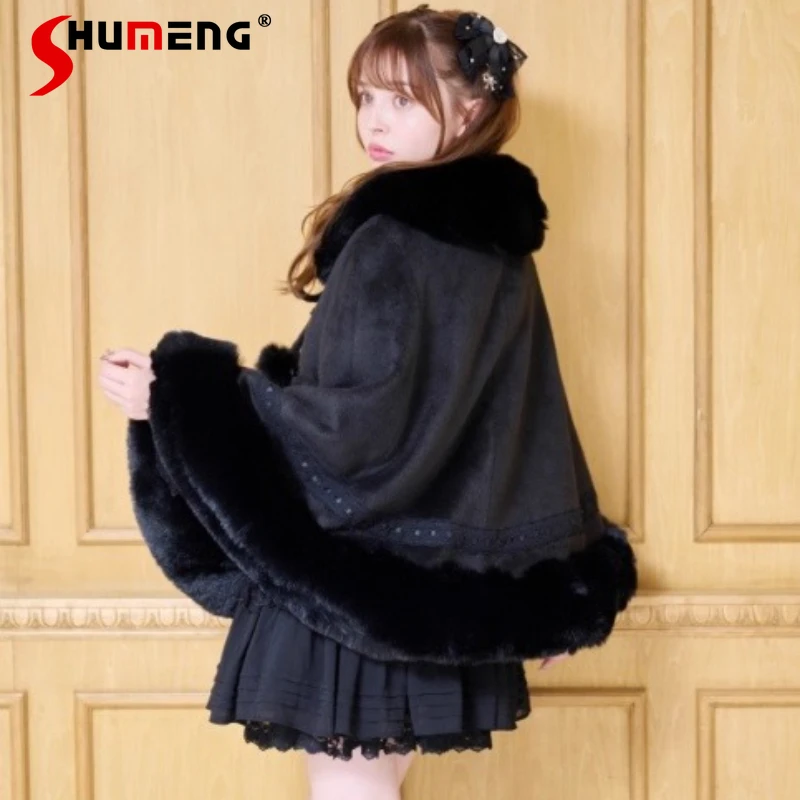 

Японские милые милые зимние плащи LIZ, пальто в стиле массового производства с бантом, толстые теплые шерстяные накидки для женщин, короткие куртки в стиле Лолиты