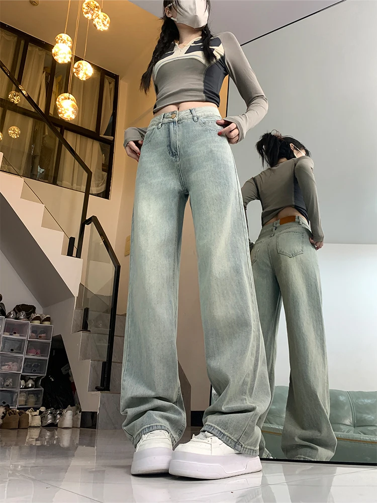 Jeans blu a gamba larga a vita alta Pantaloni larghi dritti al pavimento da donna Primavera 2025 Casual Sle Miscela di cotone antirughe