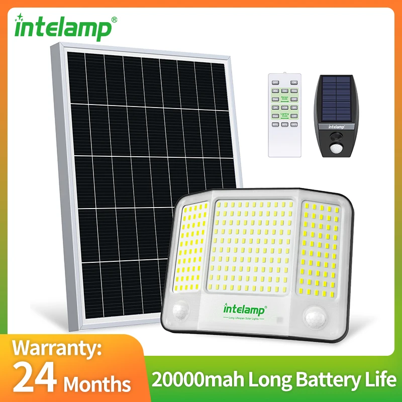 Projecteur solaire extérieur Intelamp 20 000 mAh à longue autonomie avec panneau solaire super large pour une charge plus rapide, trois capteurs de mouvement pour une couverture plus large et plus longue, idéal pour jardin et rue