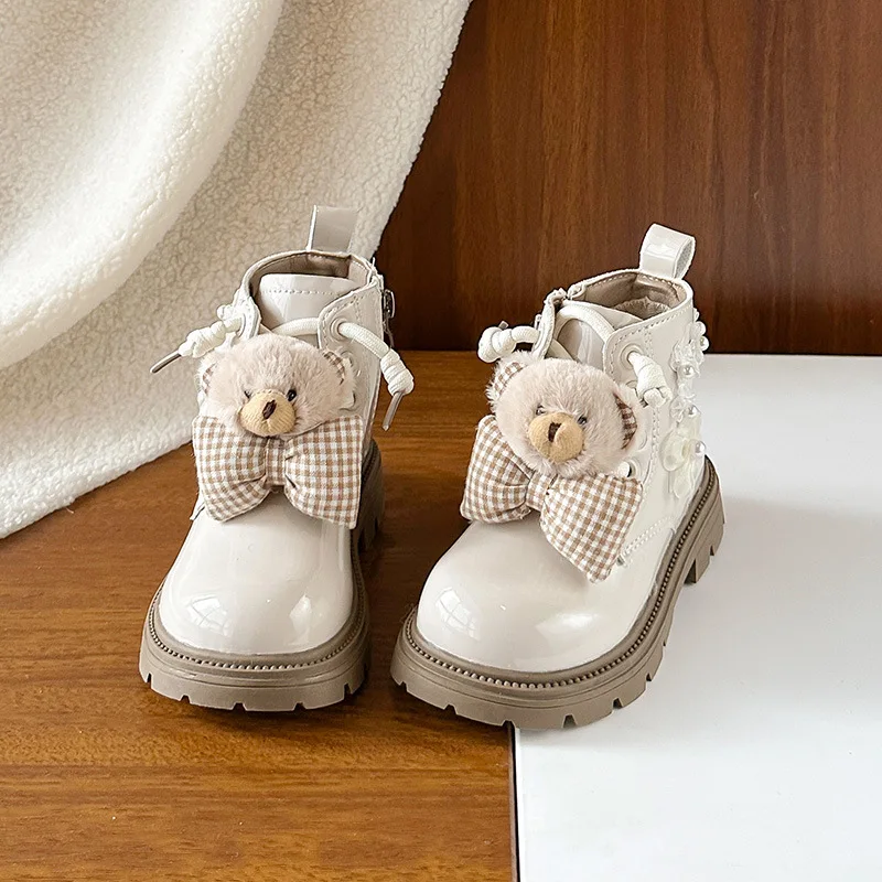 

Детские повседневные ботинки принцессы с круглым носком и милыми медведями, детские кожаные ботинки на мягкой подошве, осень-зима 2022, короткие ботильоны для девочек