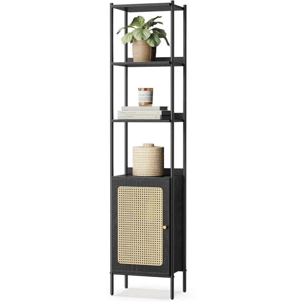 Bookshelf with Rattan-Like Door, Boho Style, Freestanding 15.7-Inch Wide Storage Shelf, Metal Frame, Adjustable Shelf