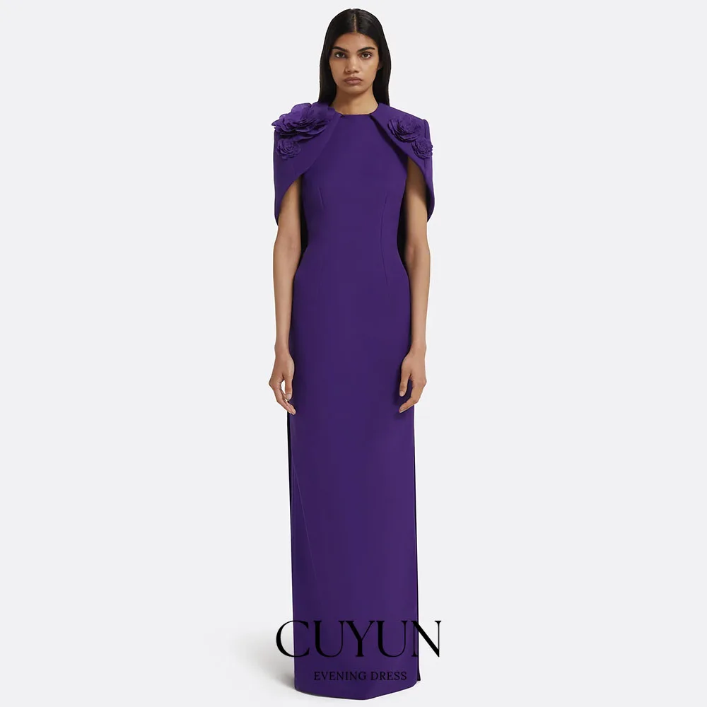 

CUYUN Customized Modern Arabic Evening Dress Straight Round Neck Sleeveless with Cape Flowers Saudi Party Gown Prom Dresses