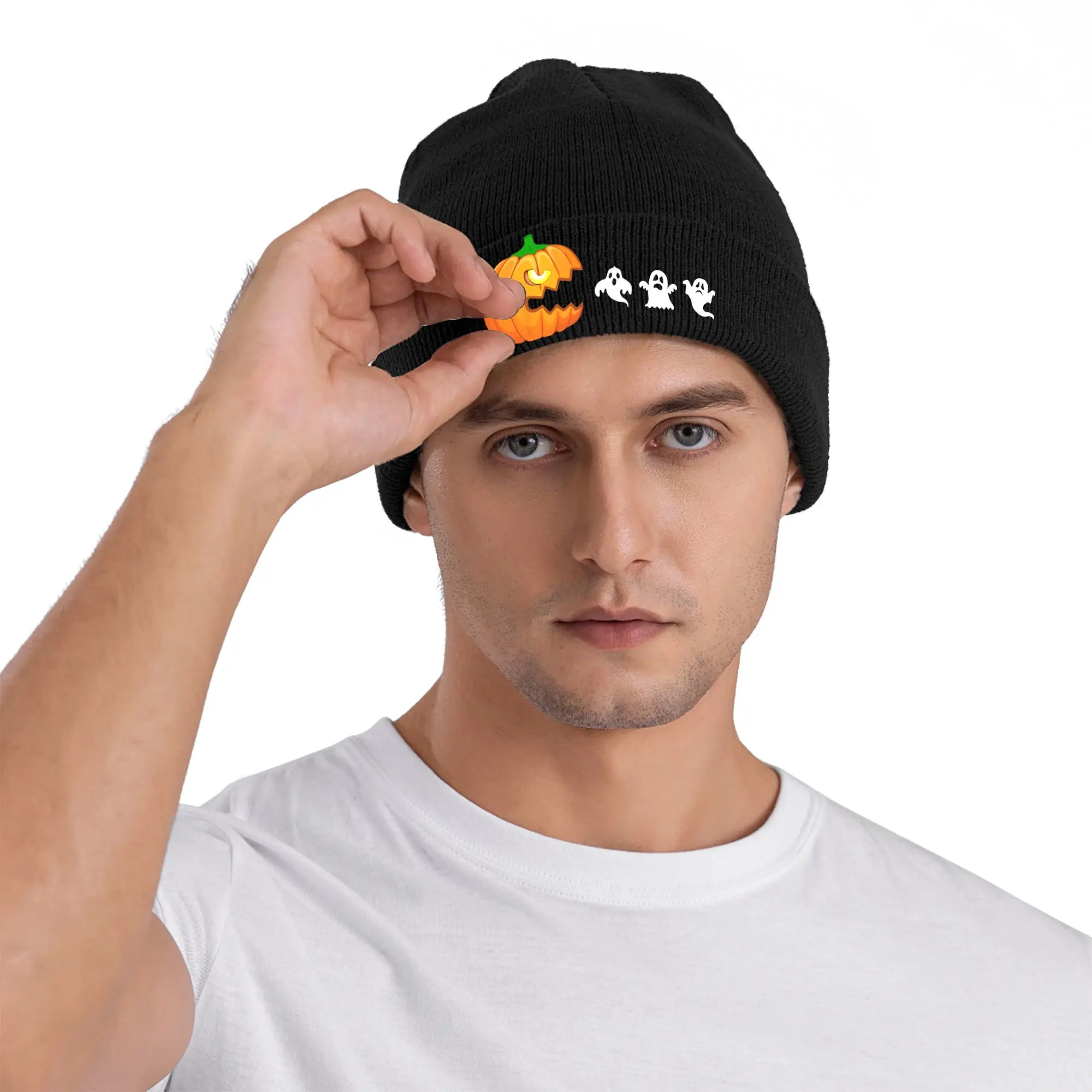 Funny Halloween Pumpkin Eating Ghost Classic Knitting Hat  Cute Caps Female Male Kpop Beanie Hats Autumn Head Wrap Bonnet Hats