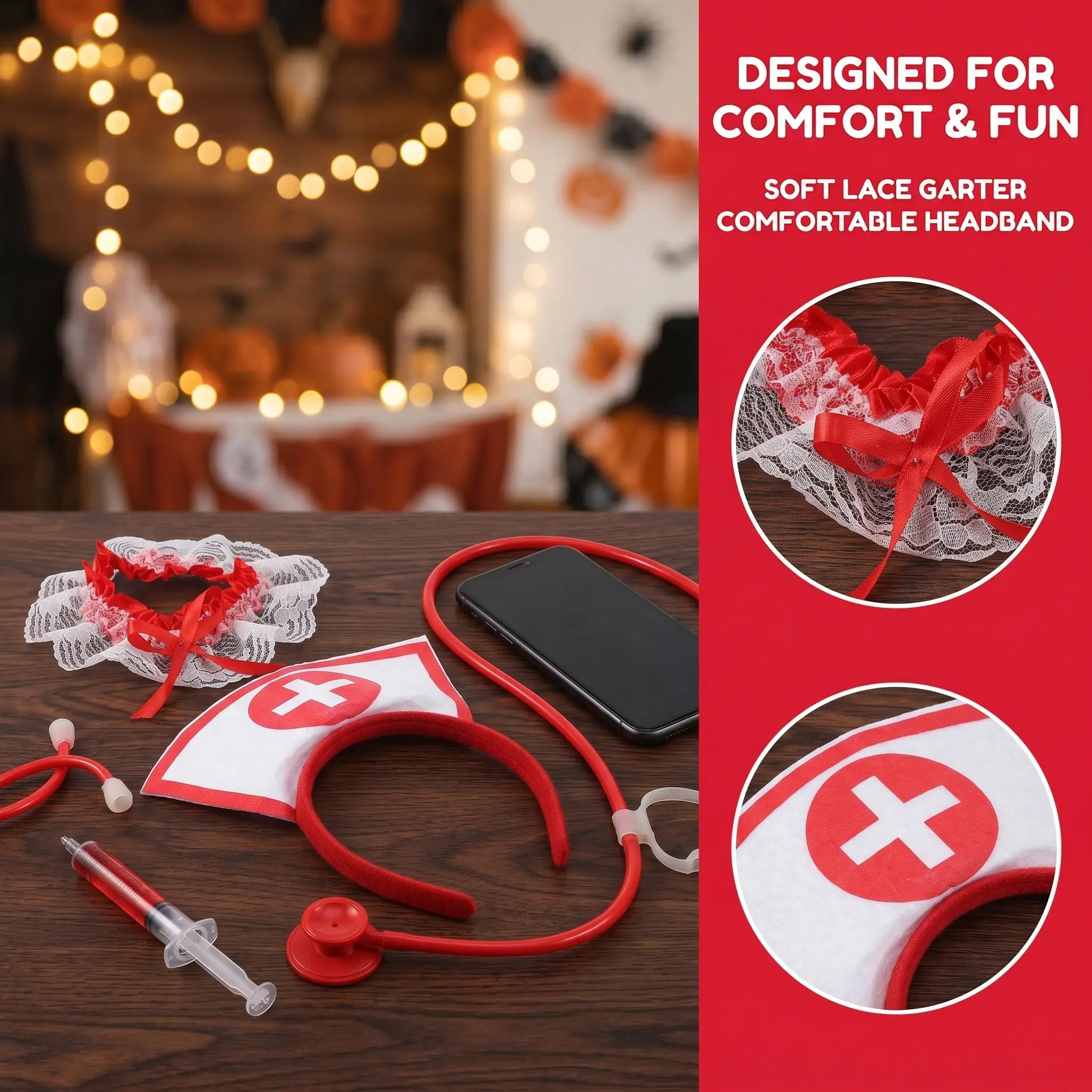 1Set Nurse Halloween Accessory Kit Red White Stethoscope Cosplay Props Apron Hairband Party Dressing Spooky Costume Set