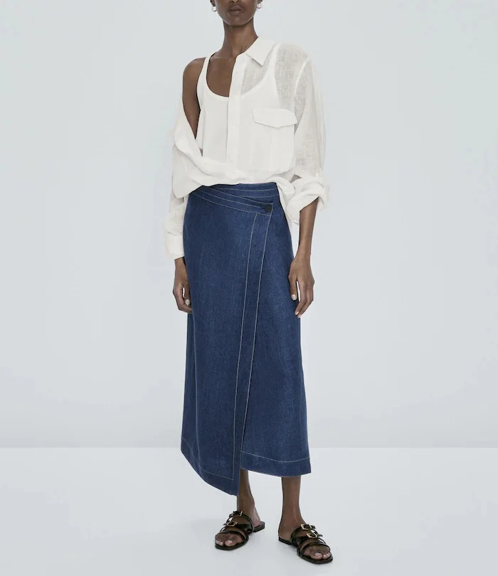 Asymmetric A-Line Wrap Skirt MD Women's New 2024 Vintage Straight Stitch Long Skirt mid Waist Design Pure Color Commute Style