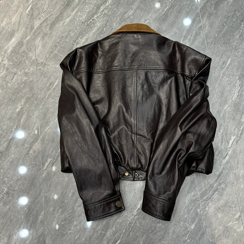 Cappotti da giacca in vera pelle da donna vintage caffè Cappotti da donna corti in pelle di pecora con cuciture in pelle cerata e colletto in pelle scamosciata