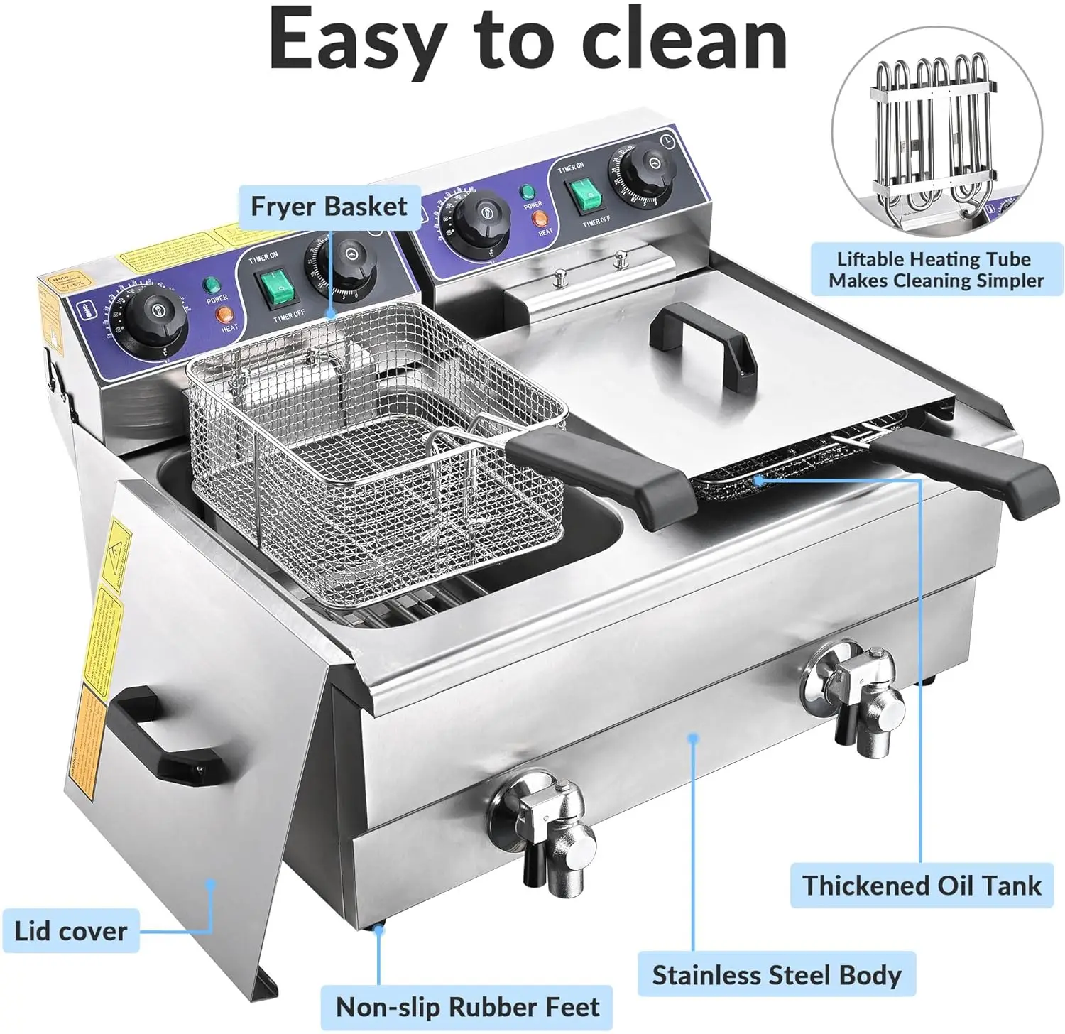 상업용 전기 딥 프라이어, 시간 제어 및 오일 여과 포함, 이중 탈착식 바구니, 스테인리스 스틸 카운터, 23.4L, 3000W