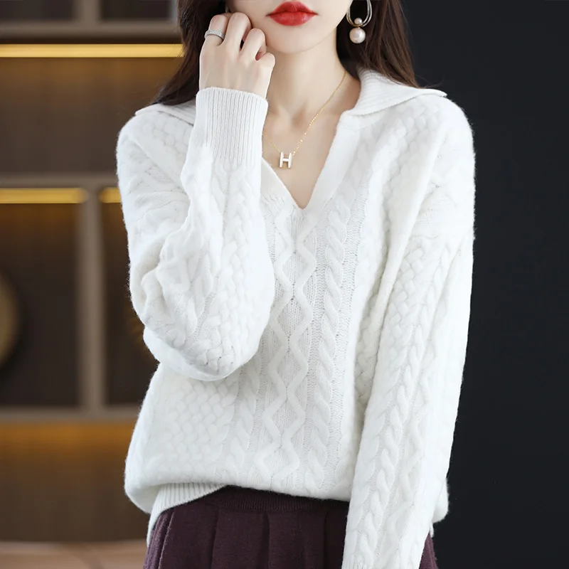 Polo Lapel 100% Pure Wool Sweater Women\'s Fashion Autumn And Winter New Sweater Cashmere Sweater Loose Knitted Sweater JQ153