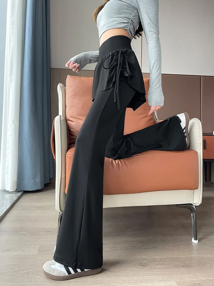 Slimming High-Waisted Women's Yoga Pants False Two-Piece Design Flared Casual Sports Trousers Black Stretchy Figure-Flattering