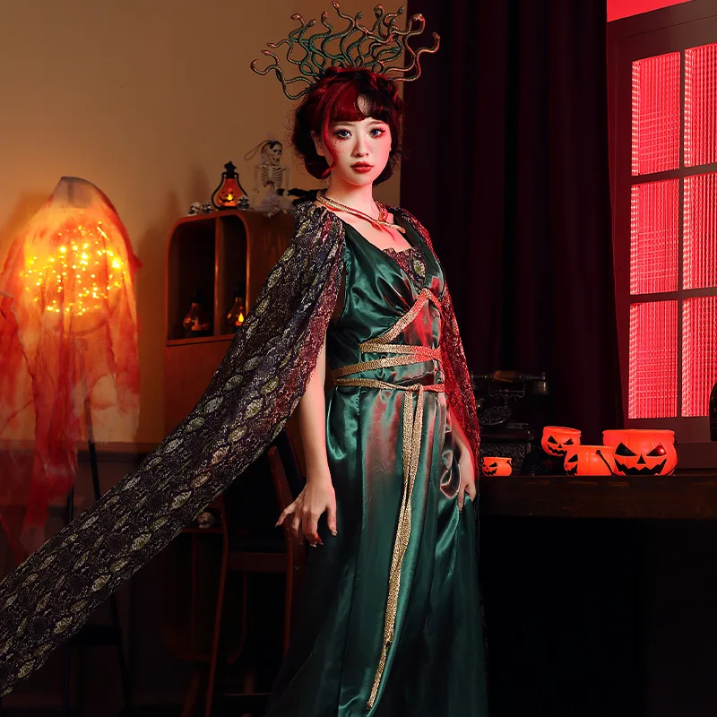 Damen Halloween Par Kostüm Mythischer Schlangenkopf Meeressirene Medusa Cosplay Lange Dr Kopfbedeckung Set Ethnische Bühnenkleidung