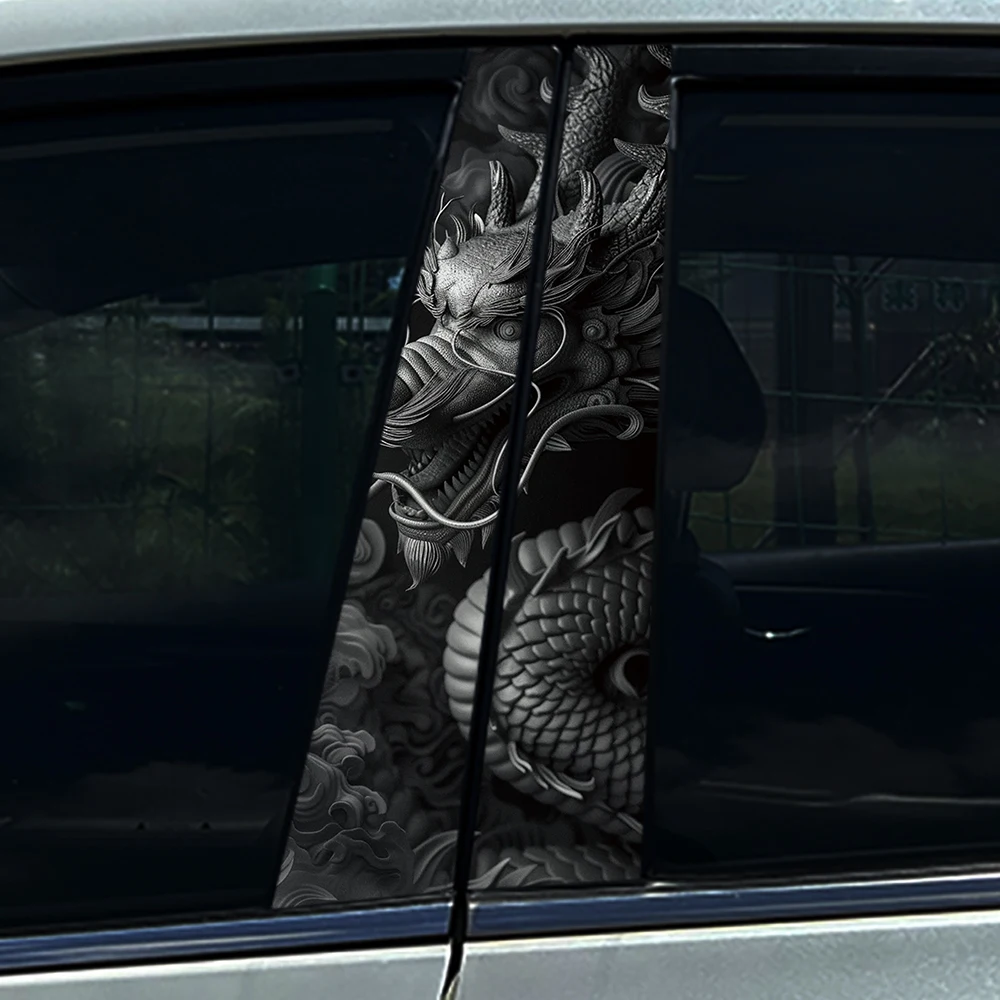 2 Stück schwarze Drachen-Auto-B-Säulen-Aufkleber, 3D-wasserdichte Vinyl-Aufkleber, kratzfester Autotürpfosten-Schutz, Dekor-Zubehör