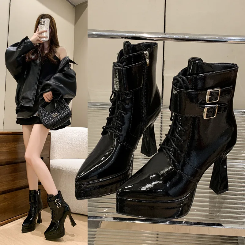 

Women's pointed-toe high-heeled fashion boots 2025 Autumn new style belt buckle thick-heeled side zipper short boots