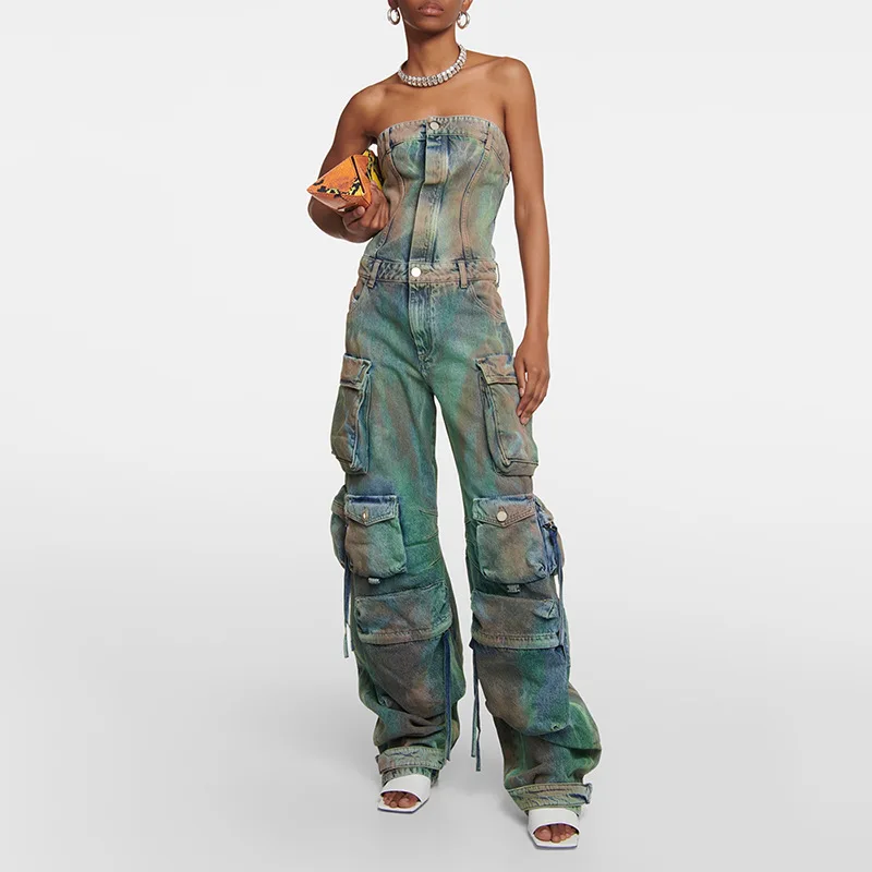 Zomer Nieuwe Mode Spray Color Denim Jumpsuit Camo Strapless Overall Sexy Spice Cargo Jumpsuit Met Zak