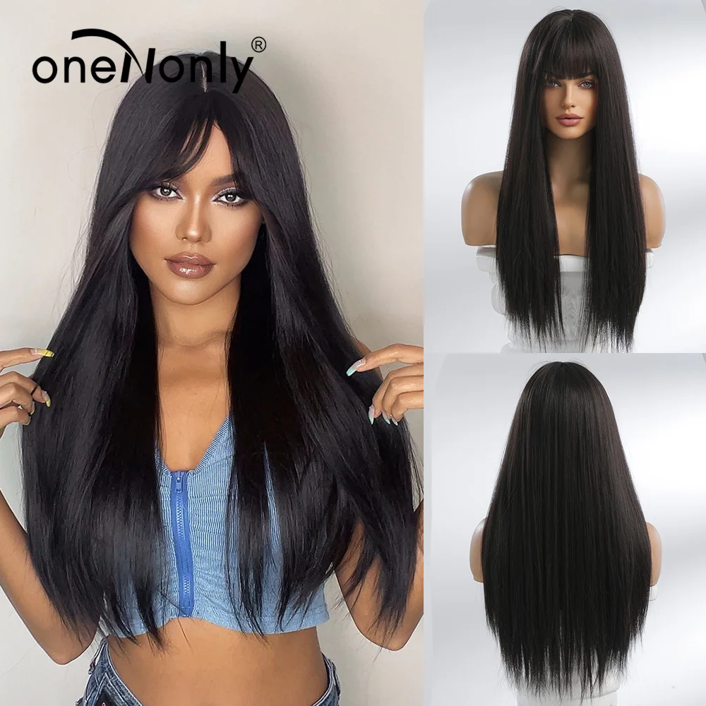 oneNonly Synthetic Wigs Long Straight Brown Wig with Bangs for Women Cosplay Daily Natural Hair Heat Resistant