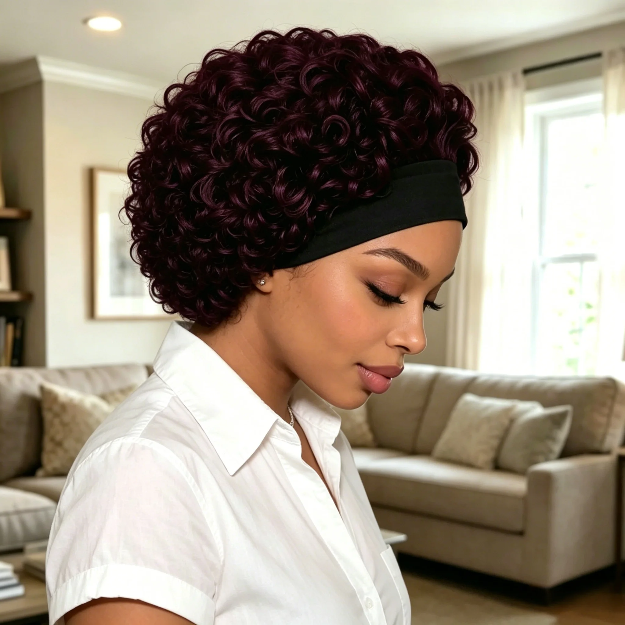

Short Curly Headband Human Hair Wig, Burgundy Wine Red Wig, Easy Wear Daily Wig Full Machine Made Wig