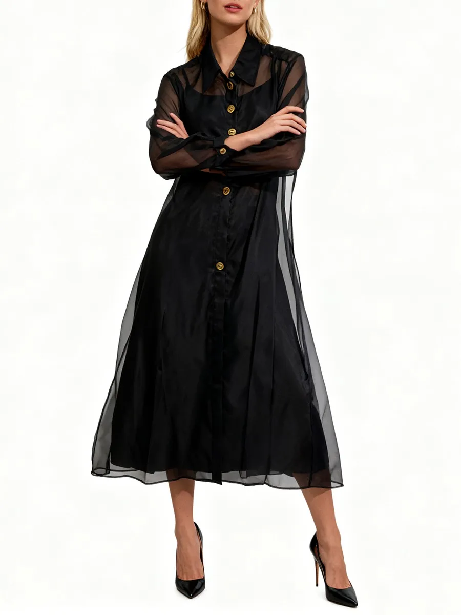 TWOTWINSTYLE Solid Loose Sheer Spliced Single Breasted Dresses for Women Lapel Long Sleeves Minimlaist Dress Female Clothing New