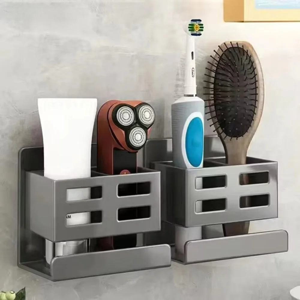 Wall-mounted Toothbrush Razor Storage Rack Punch-free Hollow-out Toothpaste Comb Storage Tube Space-saving Vanity Shelf