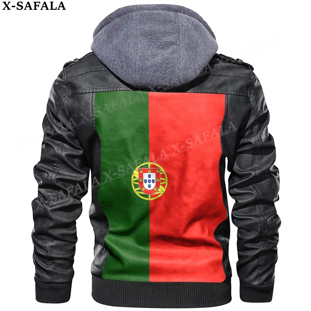 Portugal Country Flag Leather Jacket Men Winter Fleece Motorcycle Faux Leather Jacket Removable Fur Collar Windbreaker Coat-1