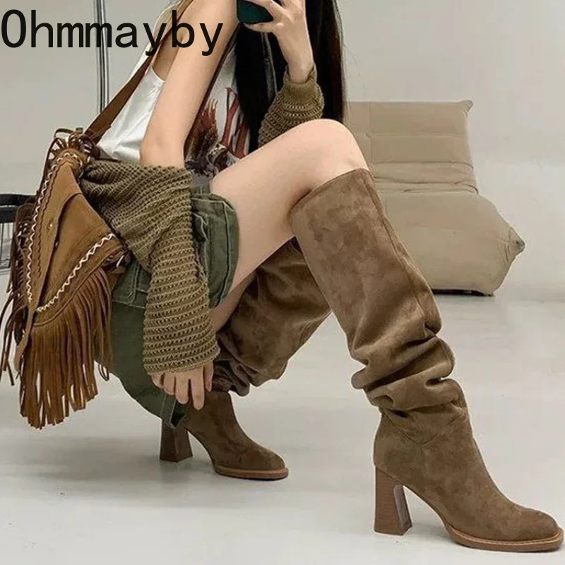 Slip On Women Western Knee High Boots Fashion Pleated Sewing Pumps Autumn Winter Thick Heel Ladies Modern Long Booties