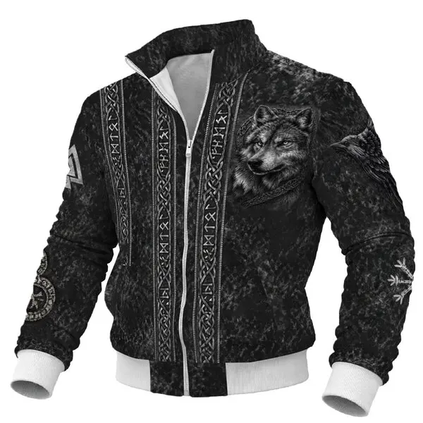 Denim jacket with Nordic skull print and Nordic mythological Celtic pattern, men's style, retro style, high neck, aged wash, per