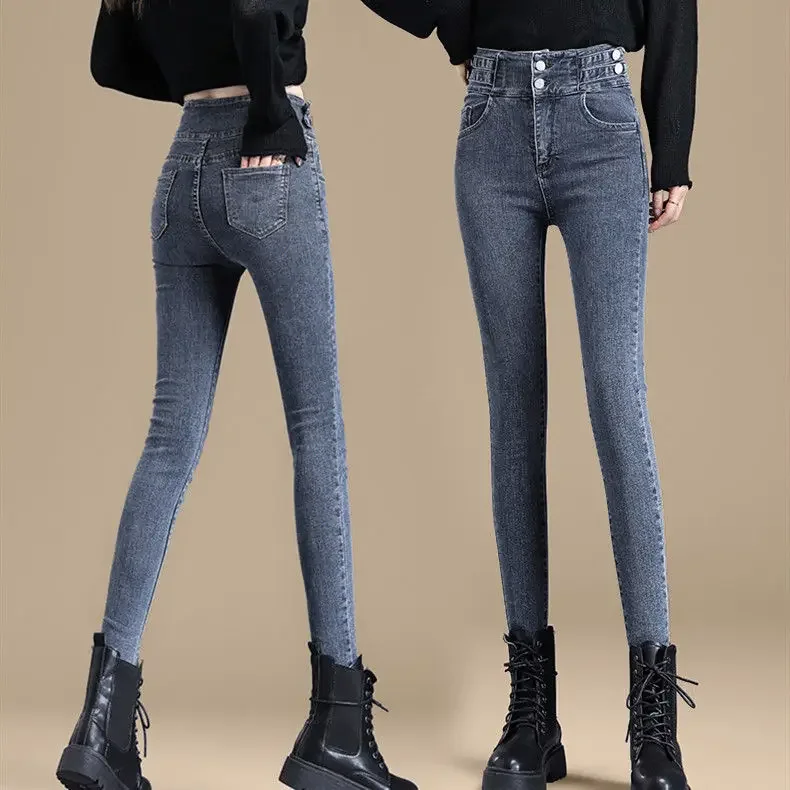 

Woman Jeans Pants High Waist Autumn Winter Tight Breasted Skinny Pants Pantalones Vaqueros Mujer