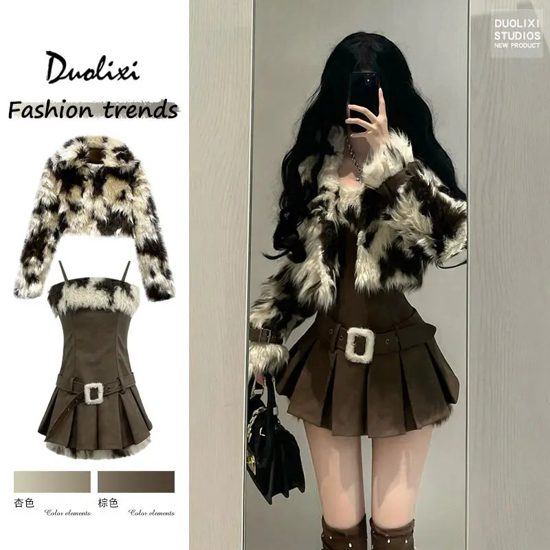 

Maillard Style Hot Girl Suit for Women's Autumn and Winter Leopard Print Faux Fur Coat Strap Dress Two-piece Set Female Clothes