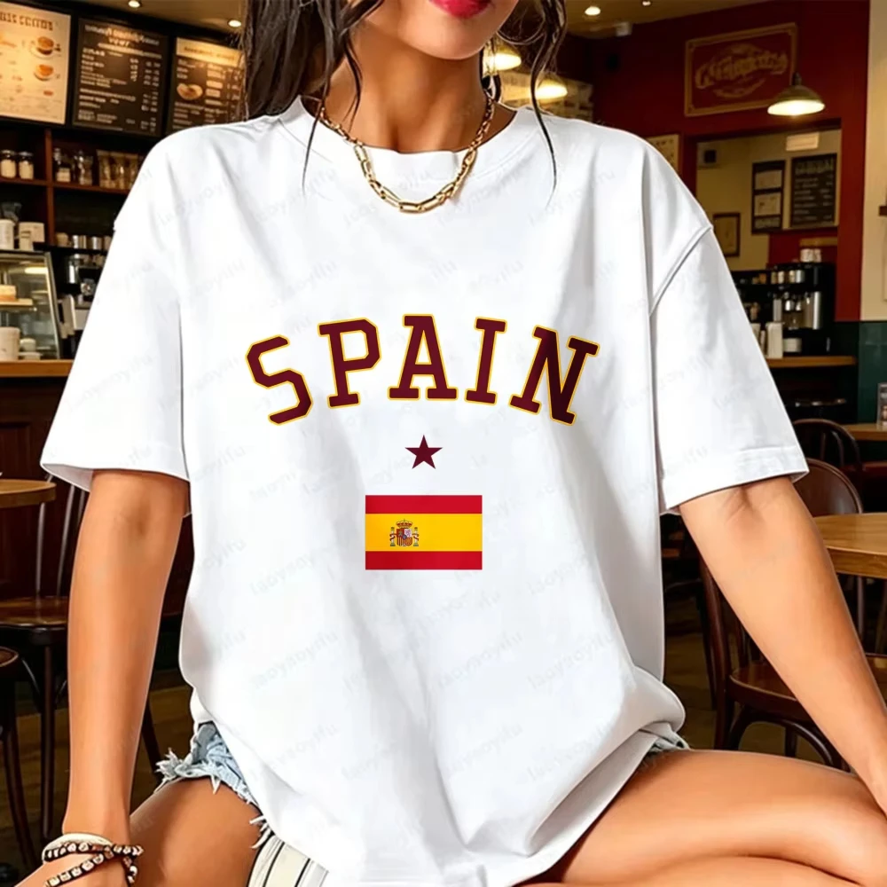 Spain Soccer Cup 2026 Arch Shaped Flag T Shirt Varsity Style Spain Flag Single Star Graphic T Shirt Football Fan Cotton Tops