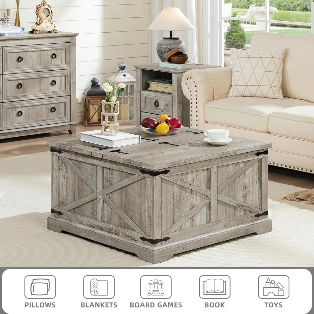Farmhouse Coffee Table with Large Hidden Storage Compartment, Light Oak Square Center Table, Wood Rustic Low Modern Living Room