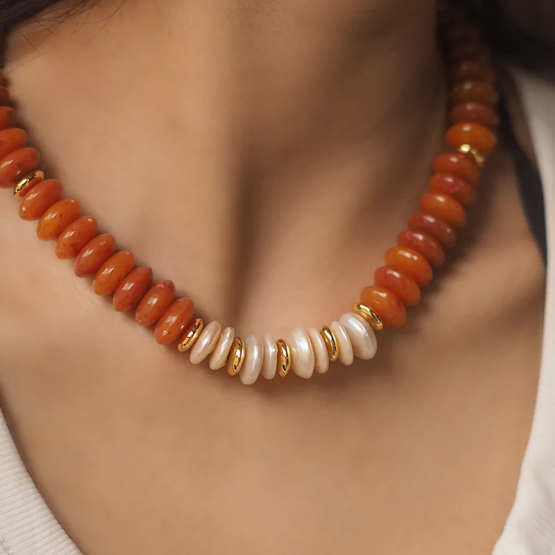 

French Minimalist-Western Niche Necklace - Colorful Resin Beaded, Faux Baroque Pearl Artisan Jewelry