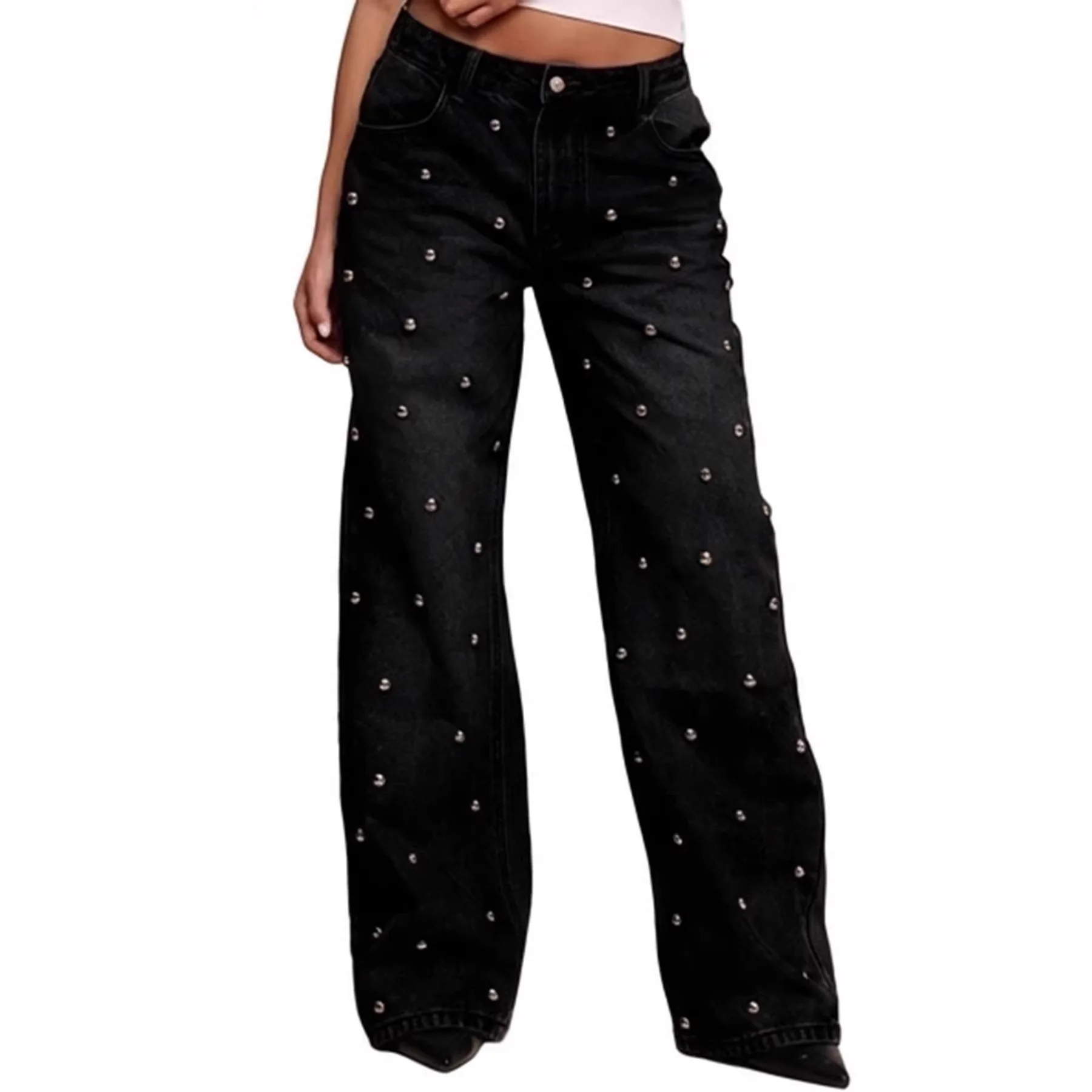 

Washed Jean Women pant beading High Waist Full Length Straight Trousers Denim Pants Zipper Fly Loose Pockets High Street 2026