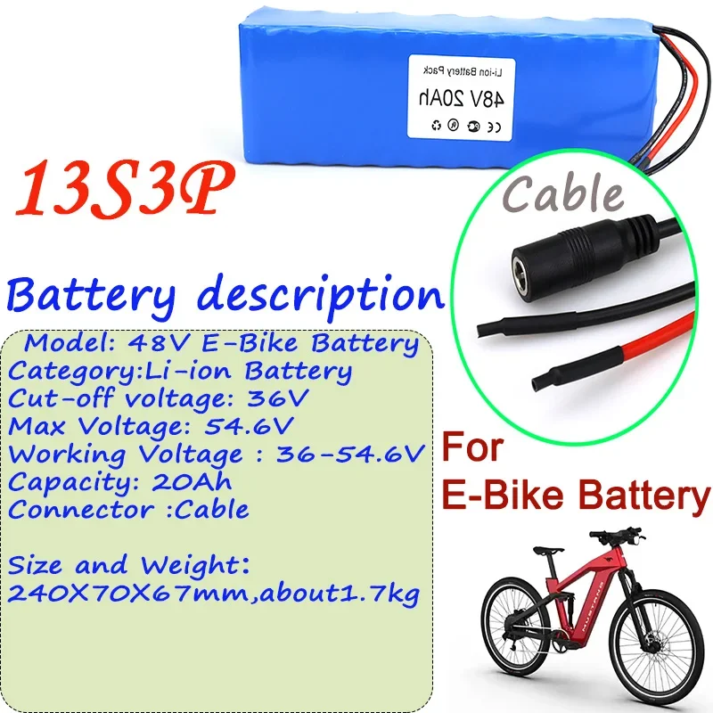 2024 Best Seller 13S3P 48V Li-ion Battery 20Ah High Capacity Cable Connector And BMS For Ebike Battery Pack