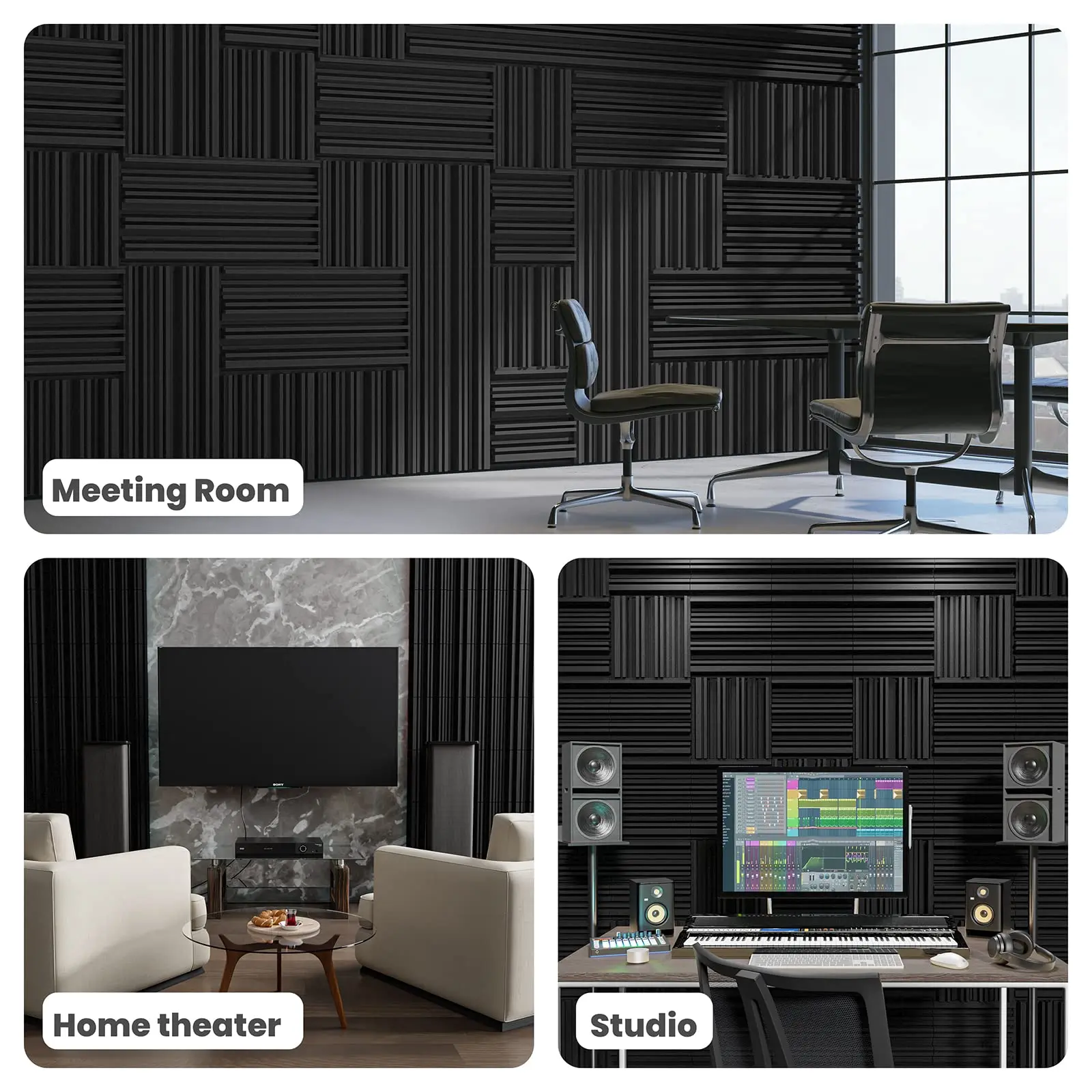 10 Piece 300x300mm 5cm Thick High-Density Sound-Absorbing Foam Board Groove Black Modern Bedroom Gym with 50 Pieces of Adhesive