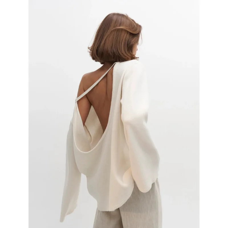 Trendy Backless Pullover Sweater For Women 2025 Fall Winter Loose Fit Knitwear New Long Sleeve Round Neck Casual Streetwear Look