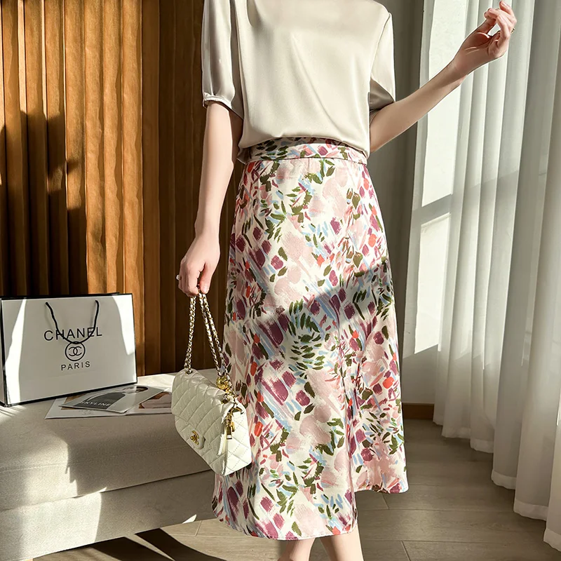 

Ladies Satin Skirt Women High Waist Long Skirts For Women Spring Summer Tie dye Midi Skirt Office Lady Elegant Women's Skirts ﻿