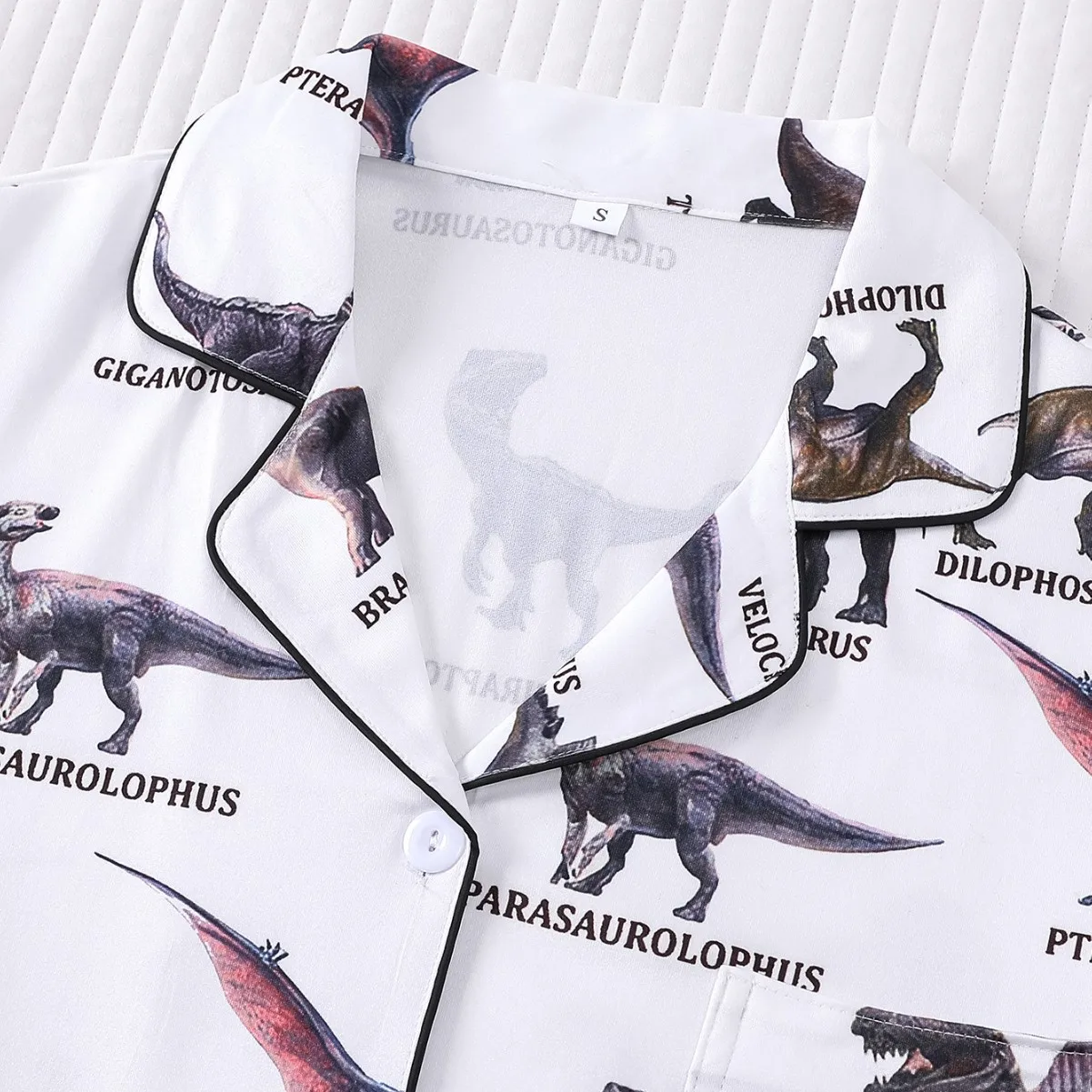 White Dinosaur Printed Lapel Loungewear, Women Short Sleeve Shorts Pajama, Soft Breathable Casual Comfortable Homewea