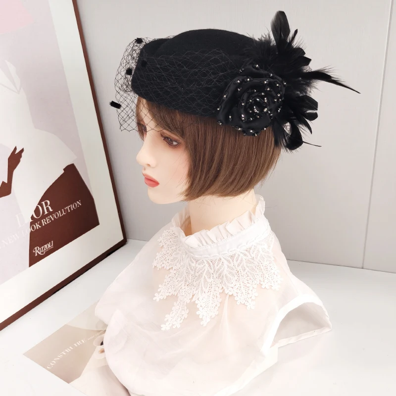 original-woolen-stewardess-hat-women's-autumn-winter-heavy-work-rhinestone-flower-elegant-retro-korean-version-net-beret-cap