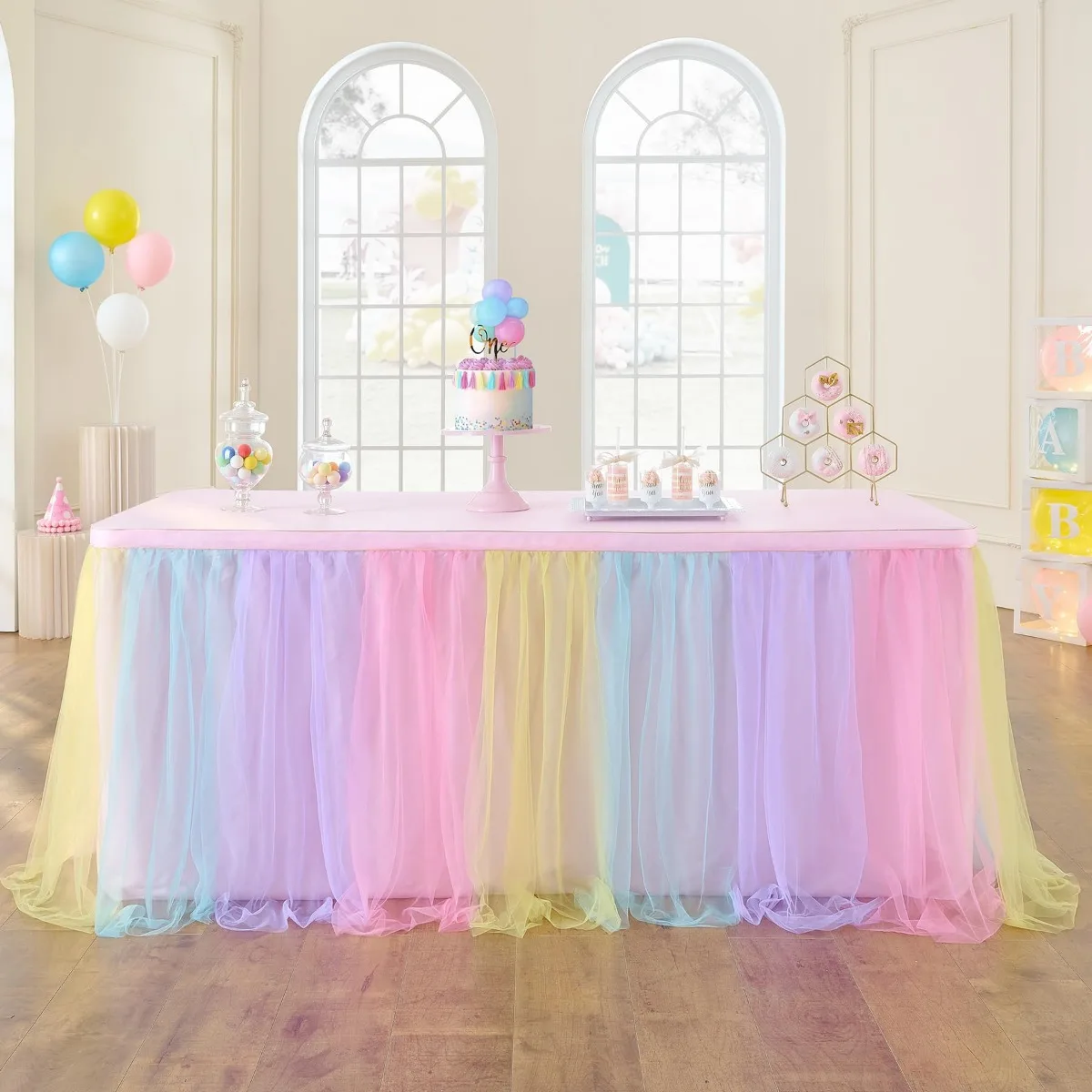 

Rainbow Tulle Table Skirts for Rectangle Tables Pastel Color Ruffle Tulle Tutu Cloth Table Skirt for Birthday Party Baby Shower