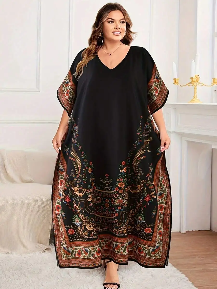 

Plus Size Kaftan Dress Women Printed Casual Long Beach Maxi Cover Up Black Summer Vacation