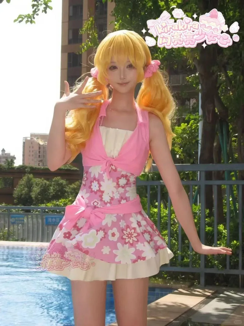 Aikatsu! Hoshimiya Ichigo Cosplay Swimsuit Cute Girl High Waist Slimming Cover up Ruffle Bandeau Flower Swimwear Bathing Suit