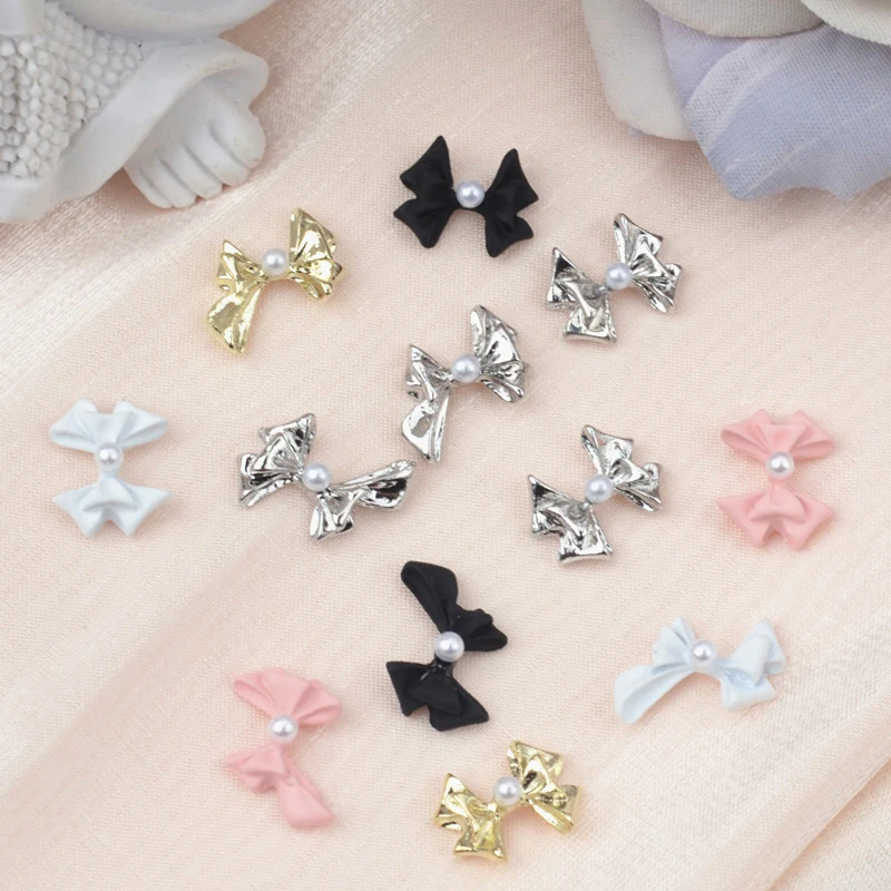 5PCS Alloy Resin Bowknot Nail Art Charms Bow Pearl Rhinestone Jewelry Parts Manicure Decoration DiIY Salon Accessory Gift