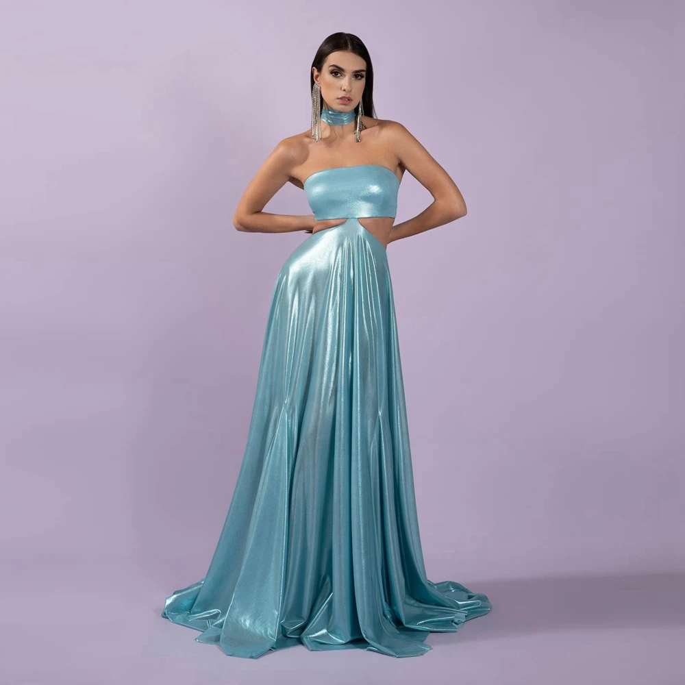 Chic Bright Satin Women Summer Dresses Sexy Strapless Long Prom Gowns Hollow-out Taffeta A-line Female Party Dressing