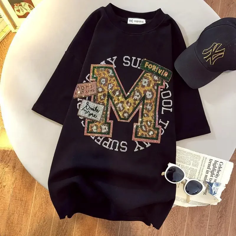 Summer Loose Women's Hot Drill Letter M Diamonds Short-sleeved T-shirt Women Kawaii Clothes Streetwear Women  fashion Top 2022