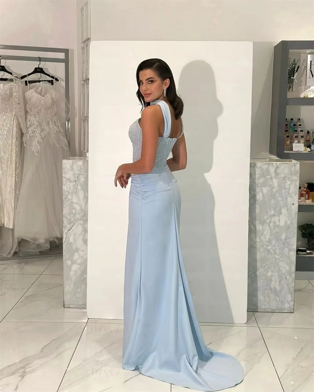 Ladies Strapless Light Blue Evening Dresses Beaded Corset Mermaid Long Prom Dress Wedding Guest Formal Party Gowns