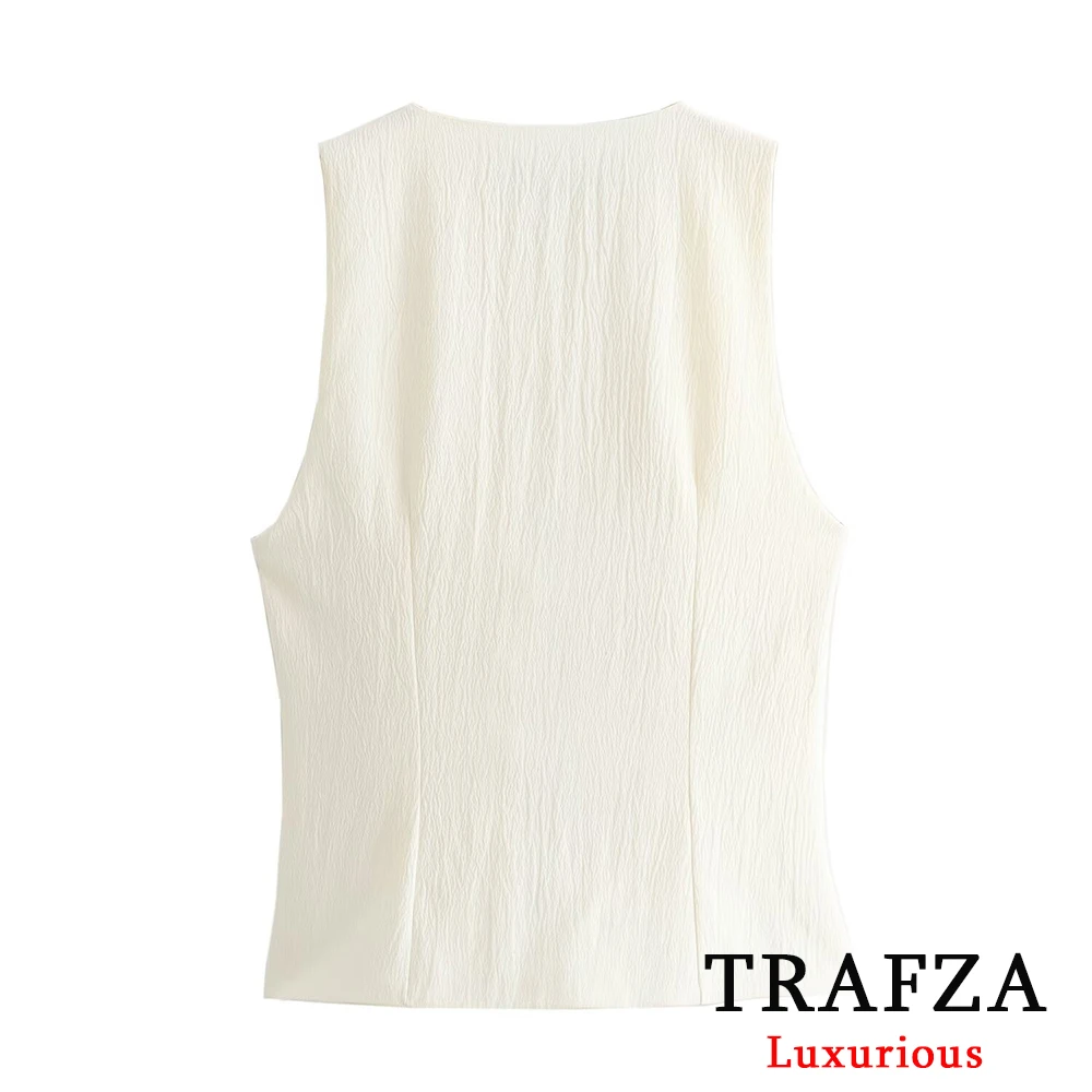 TRAFZA Casual Beige V Neck Sleeveless Vest Women Bow Tie Straight Tops Women Fashion 2024 Summer Streetwear Sexy Tank Tops