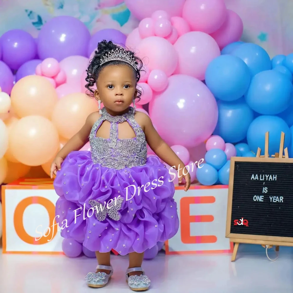 

Lavender Cute Flower Girl Dresses Little Girls Birthday Dress Butterfly Beading Communion Gown Tiered Tulle Queen for Photoshoot