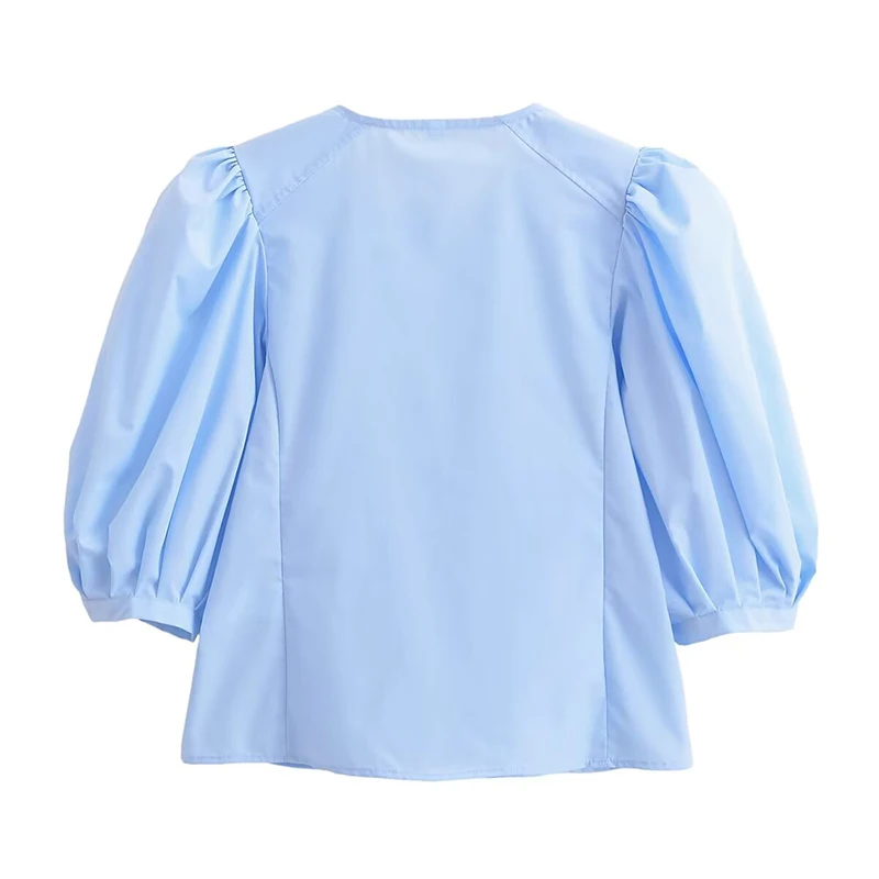 YENKYE 2024 Women Vintage Puff Sleeve O Neck Blue Shirt Front Button Streetwear Blouse ropa de mujer