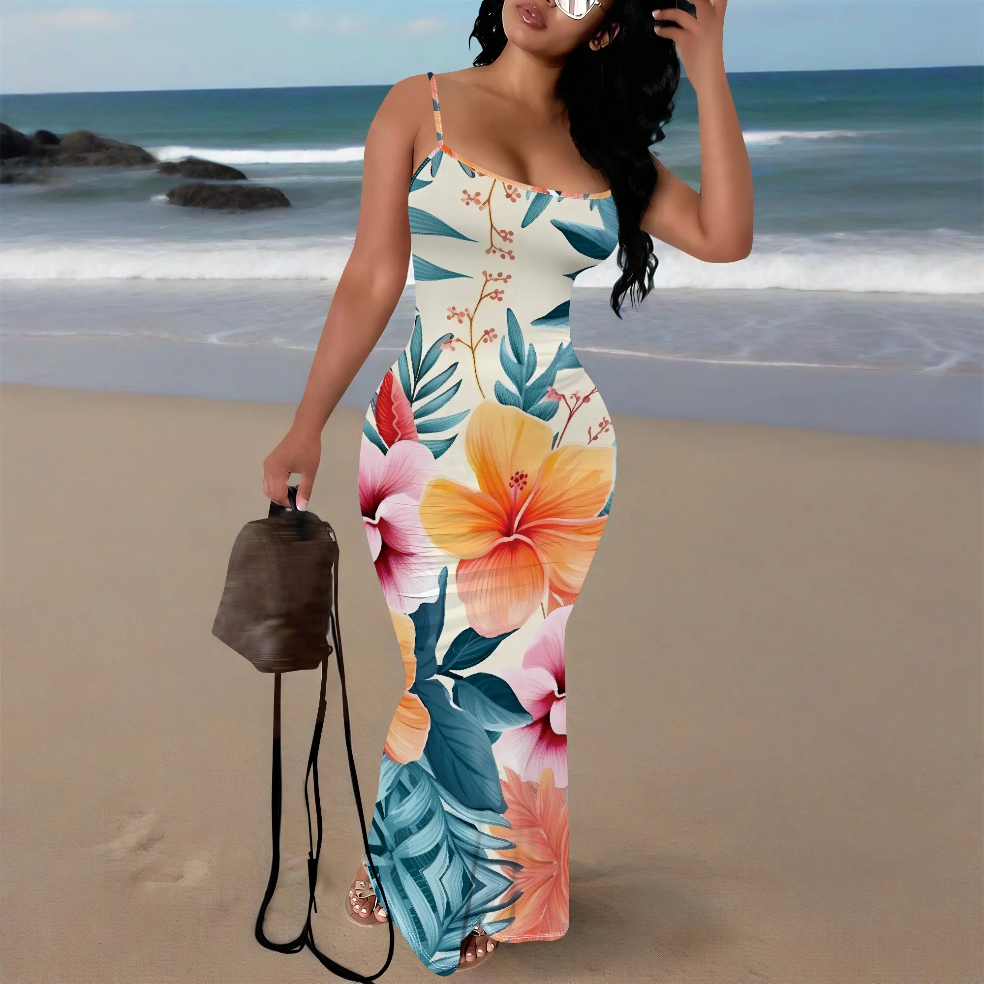 

Women's Tropical Floral Maxi Dress Sexy Boho Spaghetti Strap Bodycon Dress for Beach Vacation Wear XS-3XL