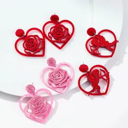 Pink Red Hollow Love Acrylic Drop Earrings for Women New Glitter Rose Flower Cupid Heart Earring Jewelry Valentine's Day Gift