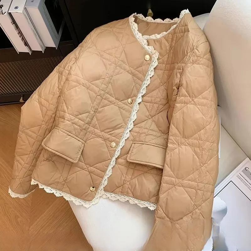 

Ladies New Wild Solid Color Cotton Jacket Autumn Winter New Short Fashion Button Round Neck Cotton-Padded Jacket Parker Coat